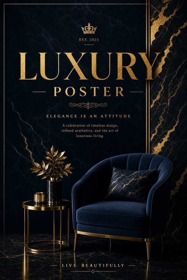 Luxury Poster — elegant style poster, featuring gold foil, marble texture, minimal premium aesthetic, deep navy or black