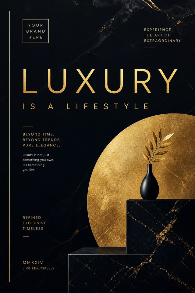 Luxury Poster — modern style poster, featuring gold foil, marble texture, minimal premium aesthetic, deep navy or black