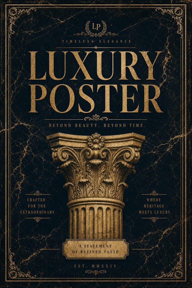 Luxury Poster — vintage style poster, featuring gold foil, marble texture, minimal premium aesthetic, deep navy or black