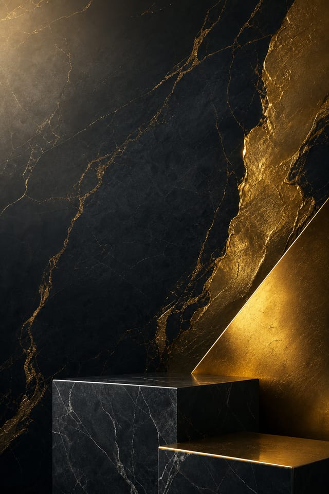 Luxury Poster — photo-realistic style poster, featuring gold foil, marble texture, minimal premium aesthetic, deep navy or black