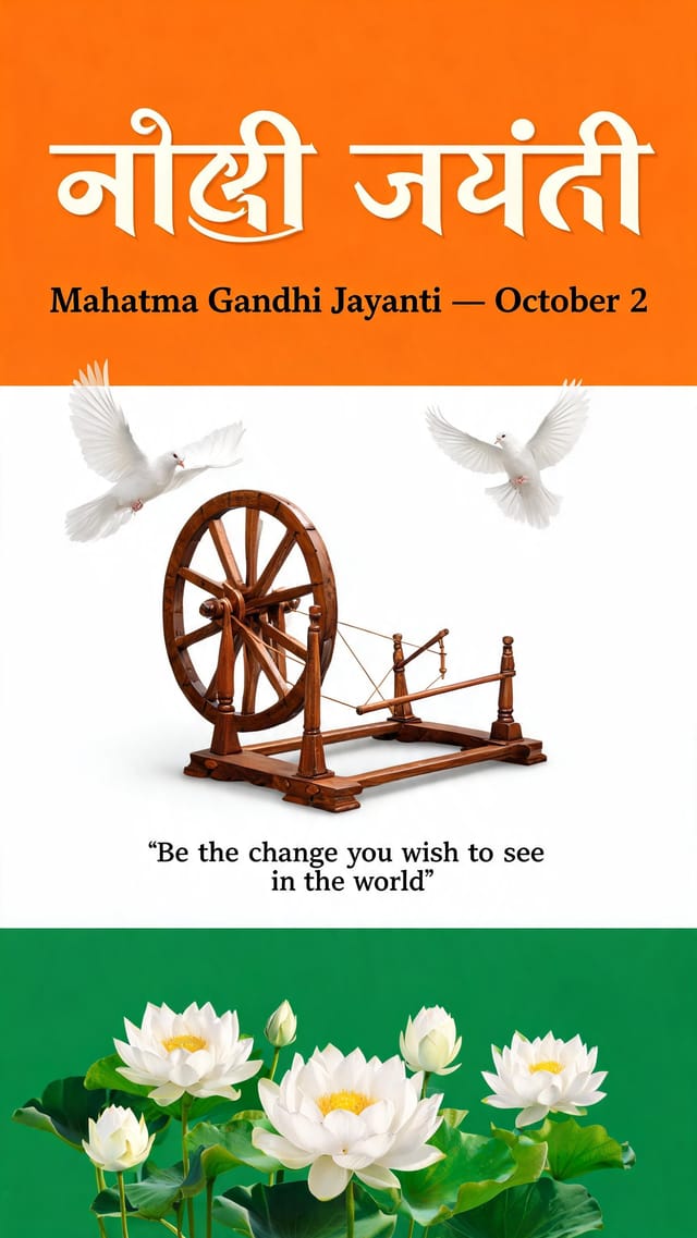Traditional saffron-white-green tricolor commemorative poster celebrating Gandhi Jayanti, with charkha and lotus motifs