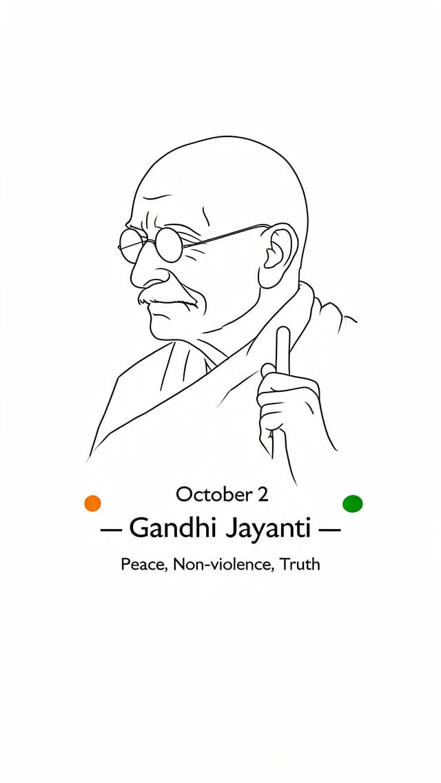 Minimalist line-art commemorative poster for Gandhi Jayanti with silhouette outline and tricolor accents