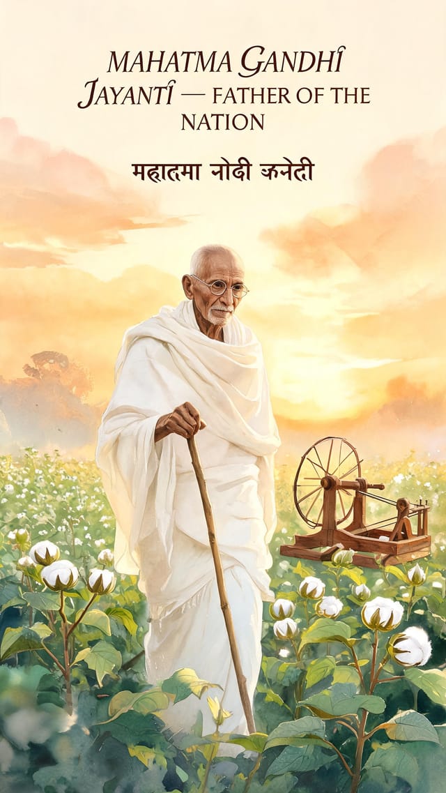 Watercolor commemorative poster for Gandhi Jayanti with painterly figure in white khadi at sunrise
