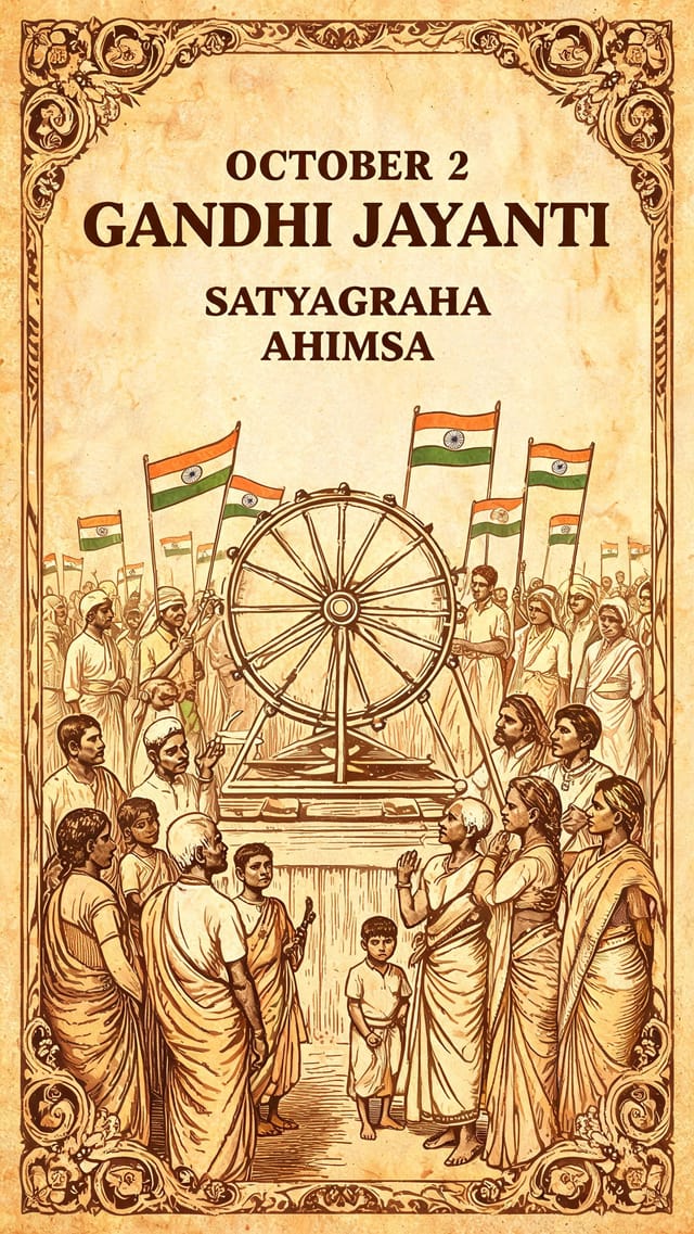 Vintage Indian independence-era lithograph poster for Gandhi Jayanti with sepia tones and ornamental borders