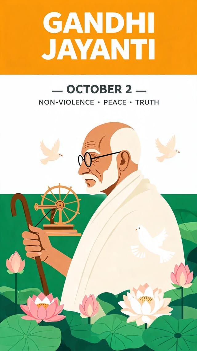 Modern flat illustration commemorative poster for Gandhi Jayanti with geometric shapes and bold tricolor
