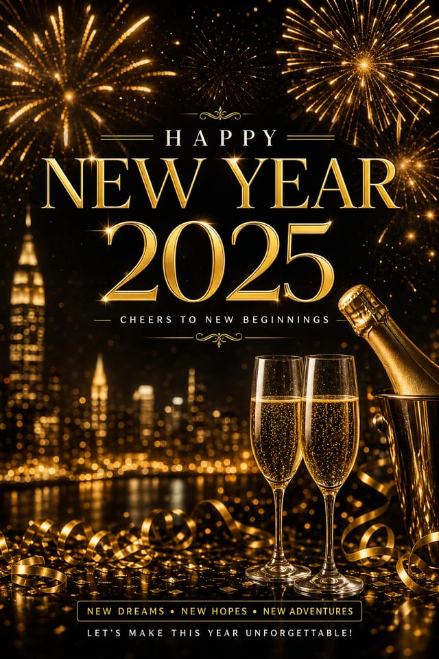 New Year Poster — photo-realistic style poster, featuring fireworks, champagne, gold and black palette, celebratory typography