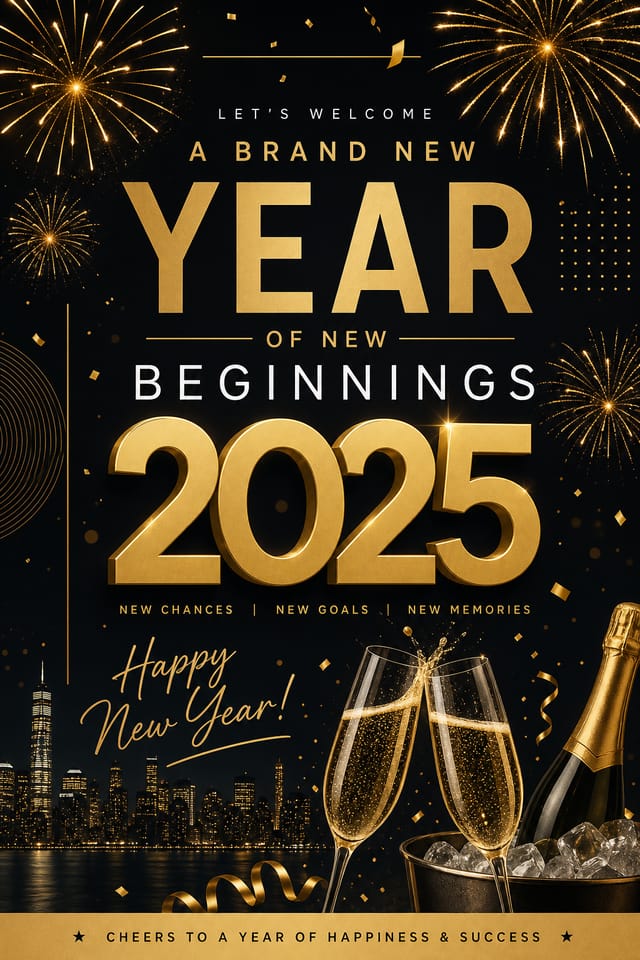 New Year Poster — modern style poster, featuring fireworks, champagne, gold and black palette, celebratory typography