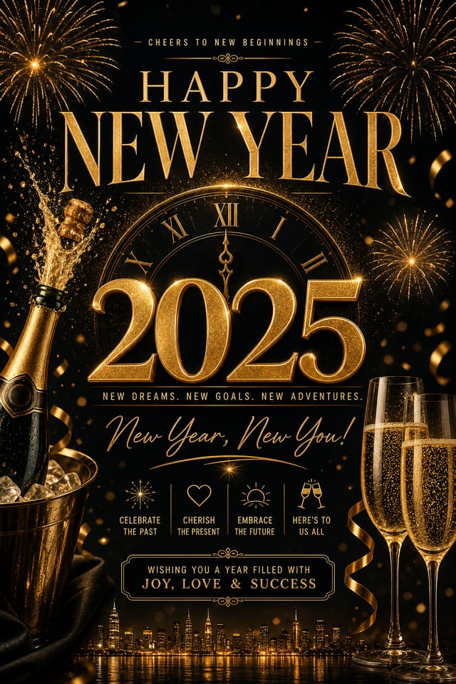 New Year Poster — elegant style poster, featuring fireworks, champagne, gold and black palette, celebratory typography