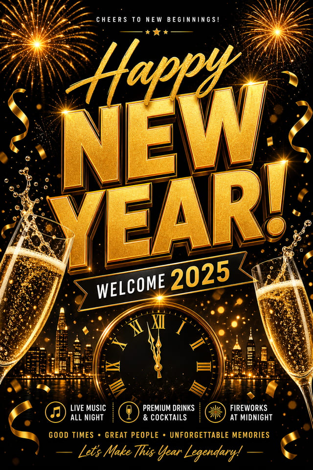 New Year Poster — vibrant style poster, featuring fireworks, champagne, gold and black palette, celebratory typography