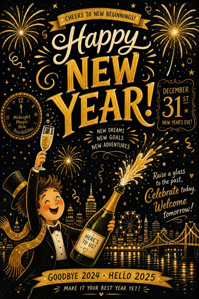 New Year Poster — illustration style poster, featuring fireworks, champagne, gold and black palette, celebratory typography