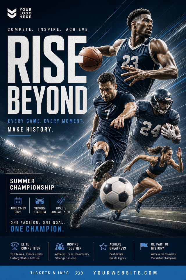 Sports Poster — corporate style poster, featuring athletic action poses, stadium imagery, dynamic motion lines
