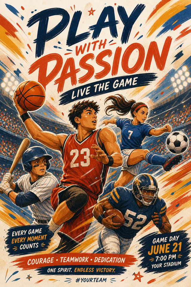 Sports Poster — illustration style poster, featuring athletic action poses, stadium imagery, dynamic motion lines