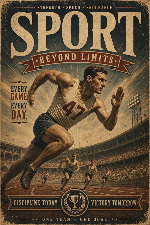Sports Poster — vintage style poster, featuring athletic action poses, stadium imagery, dynamic motion lines