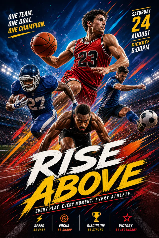 Sports Poster — vibrant style poster, featuring athletic action poses, stadium imagery, dynamic motion lines