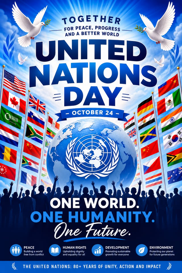 United Nations Day Poster — vibrant style poster, featuring globe, flags of many nations, blue and white UN palette, peace symbols