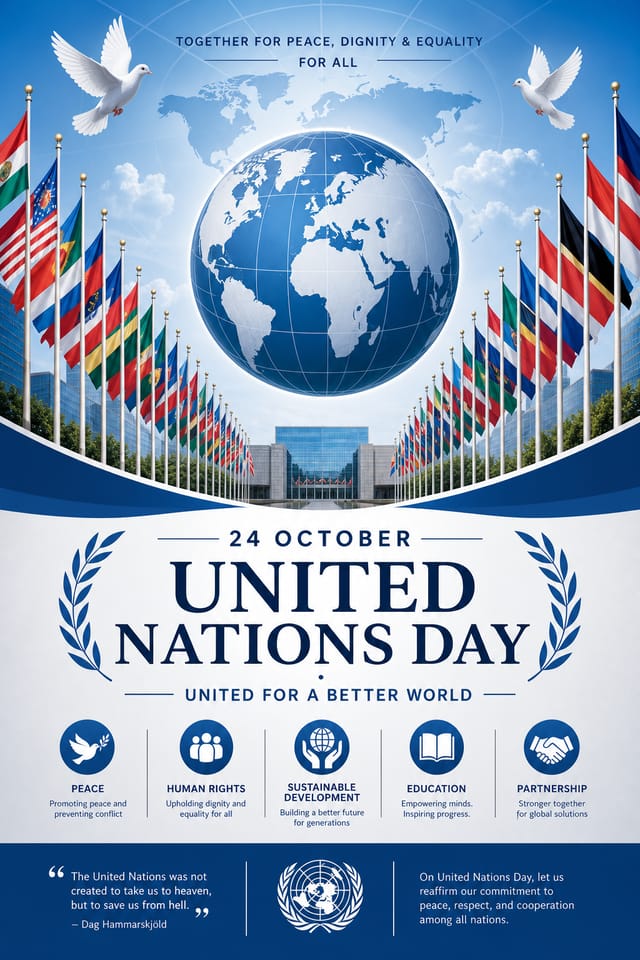 United Nations Day Poster — corporate style poster, featuring globe, flags of many nations, blue and white UN palette, peace symbols