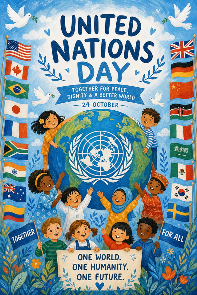 United Nations Day Poster — illustration style poster, featuring globe, flags of many nations, blue and white UN palette, peace symbols