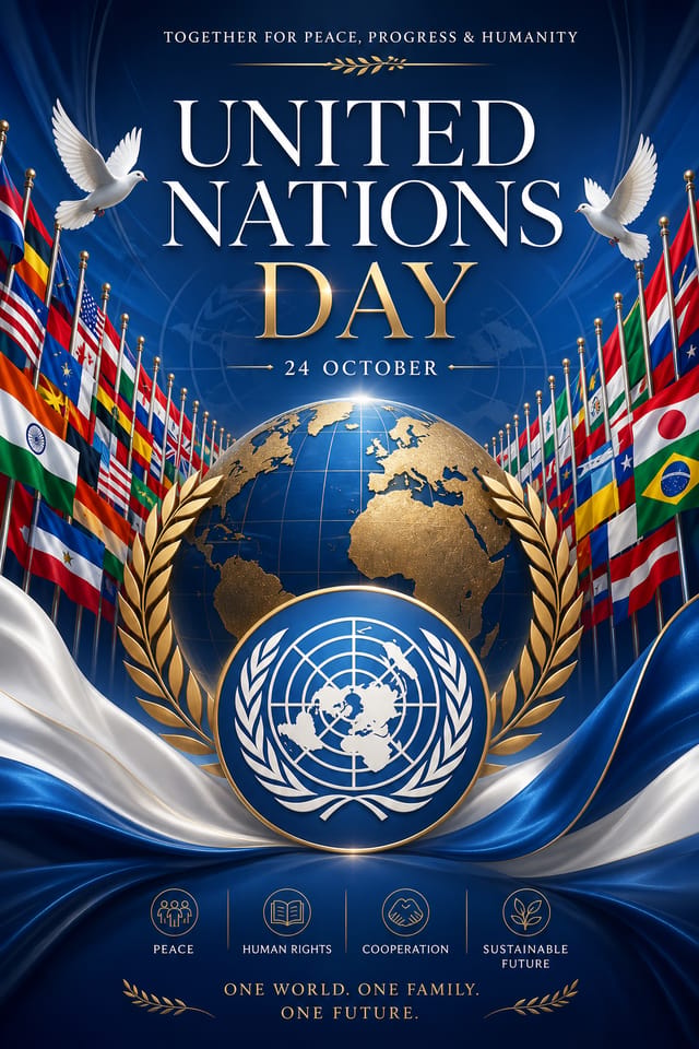 United Nations Day Poster — elegant style poster, featuring globe, flags of many nations, blue and white UN palette, peace symbols
