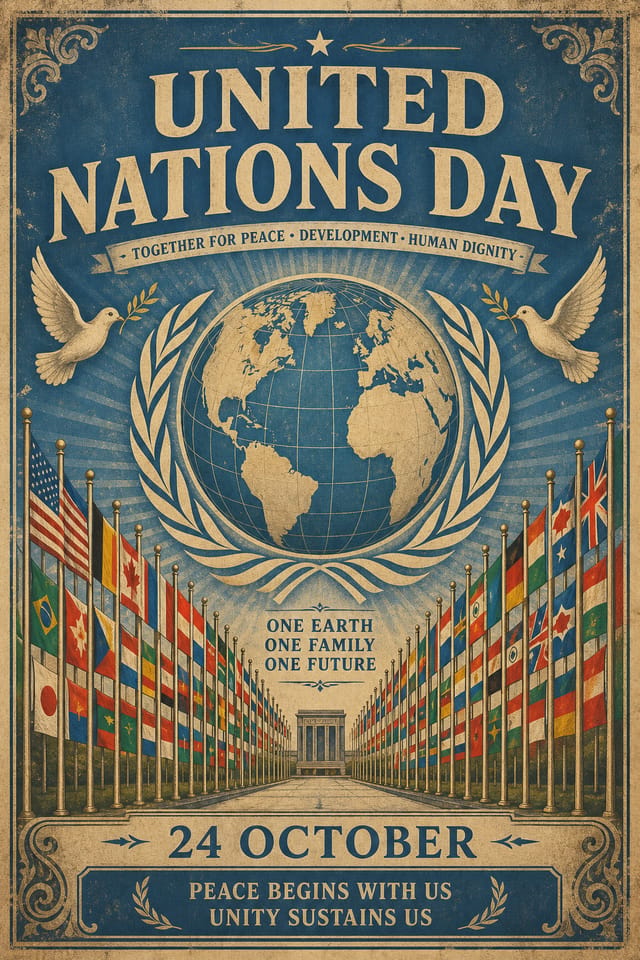 United Nations Day Poster — vintage style poster, featuring globe, flags of many nations, blue and white UN palette, peace symbols