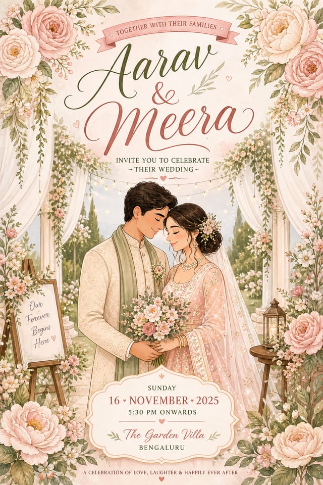 Wedding Poster — illustration style poster, featuring romantic floral arrangements, soft pastels (blush, ivory, sage), elegant calligraphy