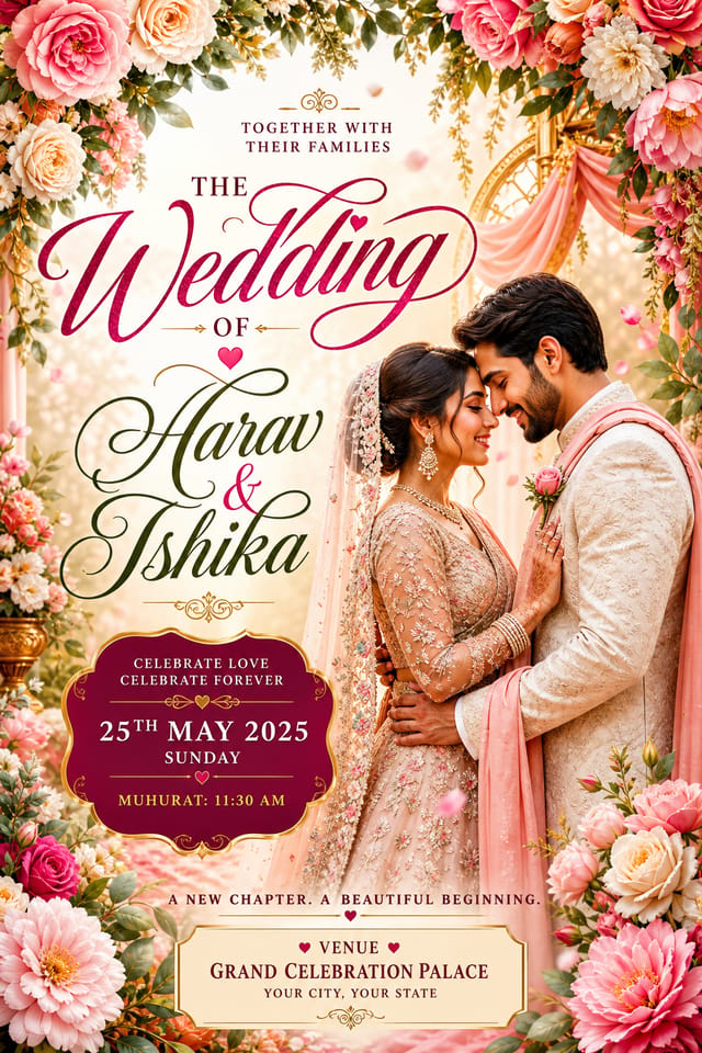 Wedding Poster — vibrant style poster, featuring romantic floral arrangements, soft pastels (blush, ivory, sage), elegant calligraphy