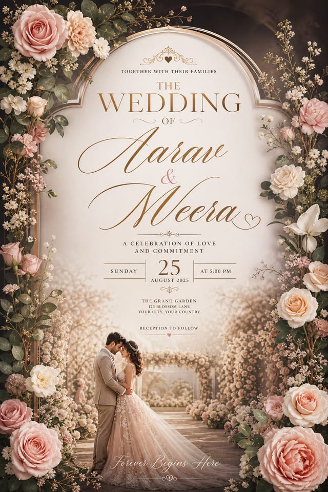 Wedding Poster — elegant style poster, featuring romantic floral arrangements, soft pastels (blush, ivory, sage), elegant calligraphy