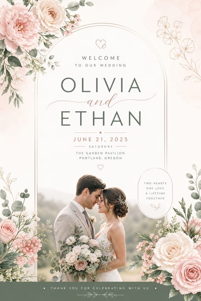 Wedding Poster — modern style poster, featuring romantic floral arrangements, soft pastels (blush, ivory, sage), elegant calligraphy