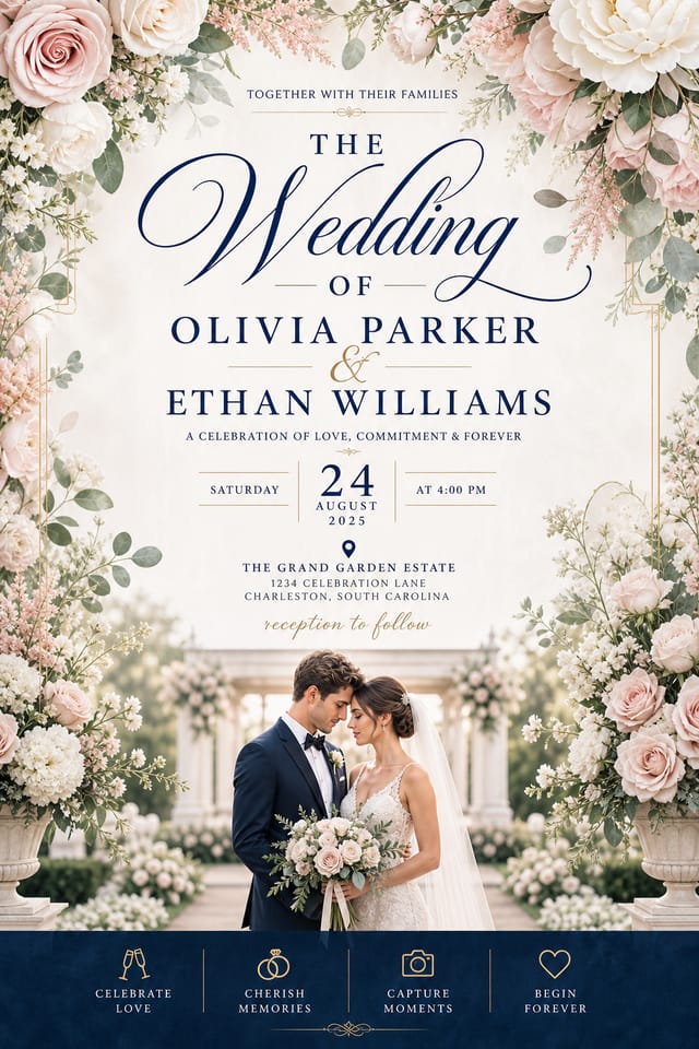 Wedding Poster — corporate style poster, featuring romantic floral arrangements, soft pastels (blush, ivory, sage), elegant calligraphy