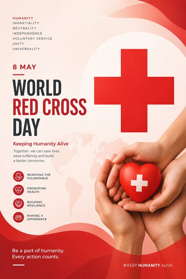 World Red Cross Day Poster — modern style poster, featuring warm red palette, energy and passion imagery