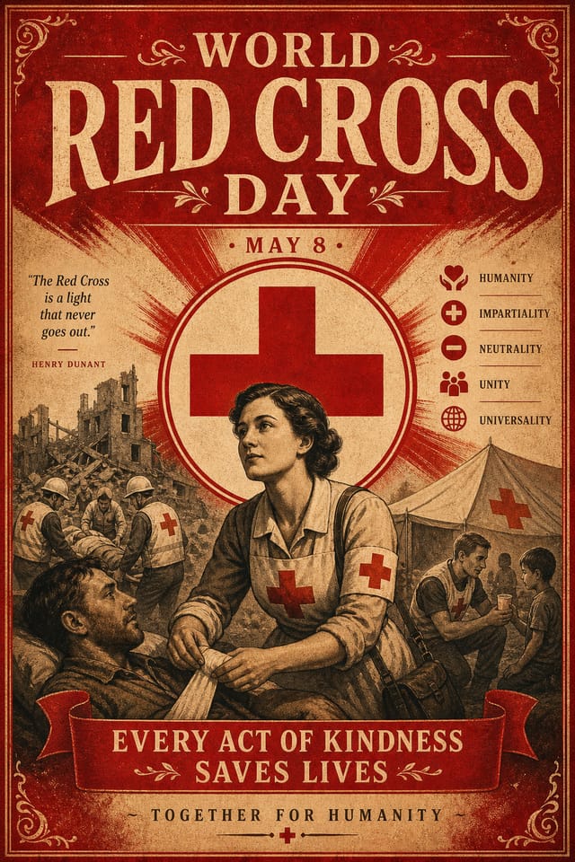 World Red Cross Day Poster — vintage style poster, featuring warm red palette, energy and passion imagery