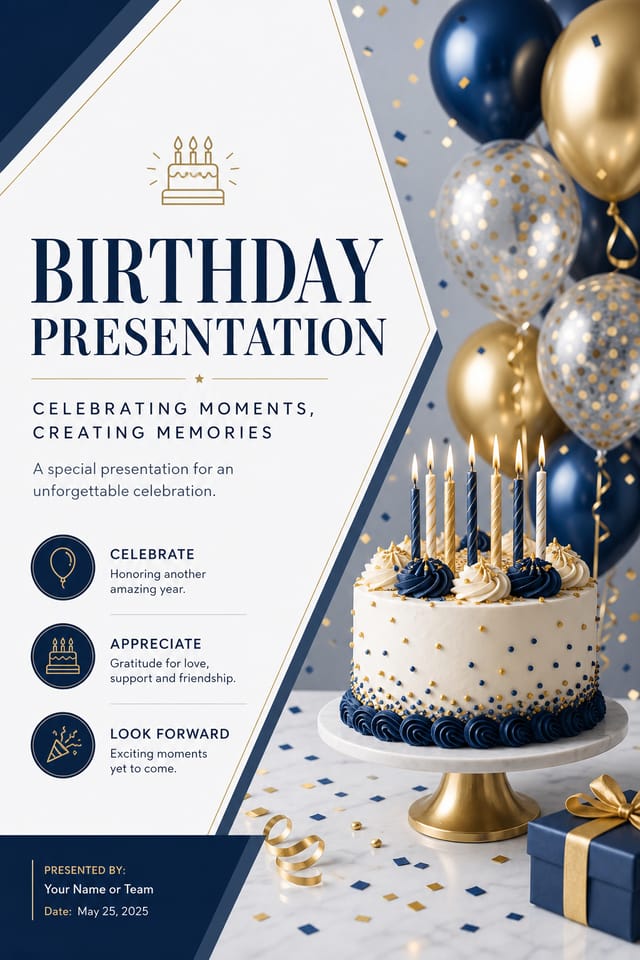Birthday Presentation — corporate style presentation cover slide, featuring balloons, birthday cake, candles, confetti, festive bright colors