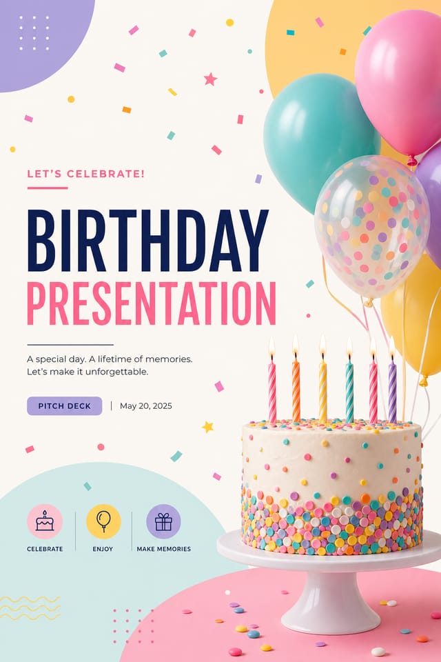 Birthday Presentation — modern style presentation cover slide, featuring balloons, birthday cake, candles, confetti, festive bright colors