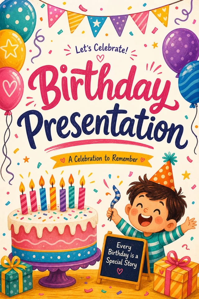 Birthday Presentation — illustration style presentation cover slide, featuring balloons, birthday cake, candles, confetti, festive bright colors