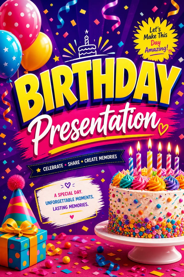 Birthday Presentation — vibrant style presentation cover slide, featuring balloons, birthday cake, candles, confetti, festive bright colors