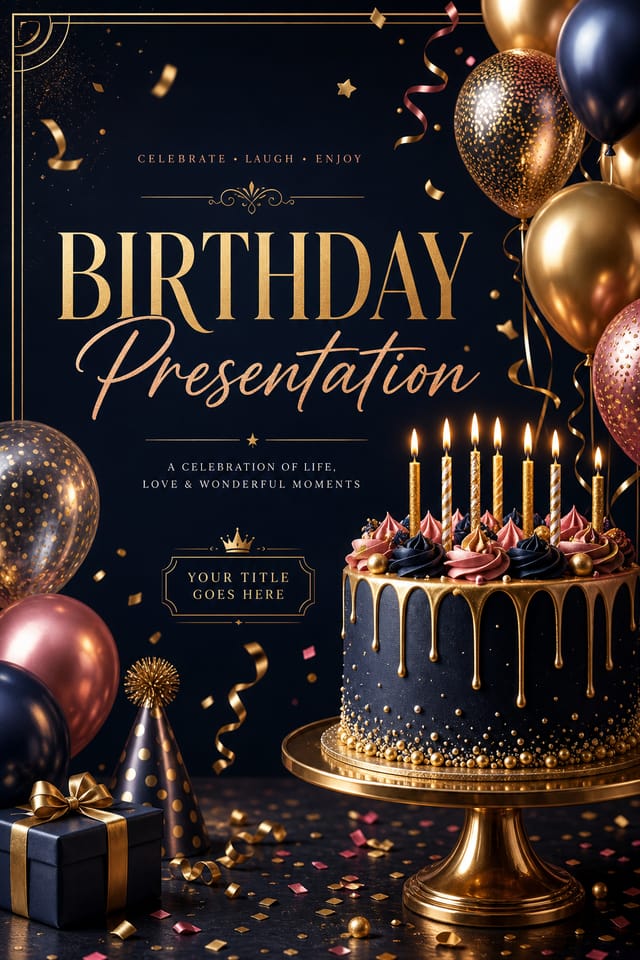 Birthday Presentation — elegant style presentation cover slide, featuring balloons, birthday cake, candles, confetti, festive bright colors