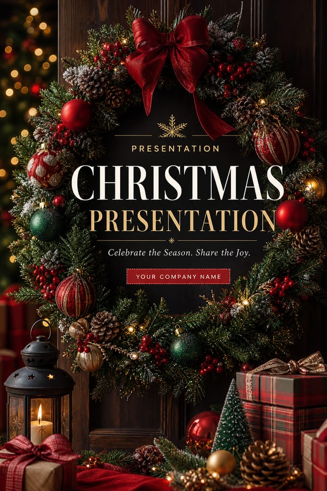 Christmas Presentation — photo-realistic style presentation cover slide, featuring pine wreaths, ornaments, red and green palette, snowflakes, festive lights