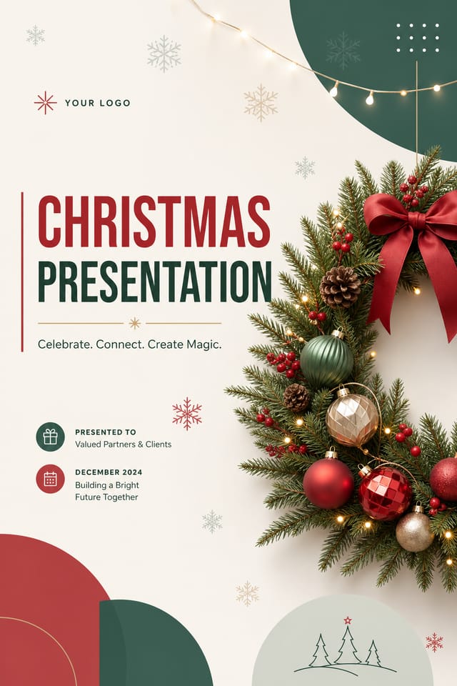Christmas Presentation — modern style presentation cover slide, featuring pine wreaths, ornaments, red and green palette, snowflakes, festive lights