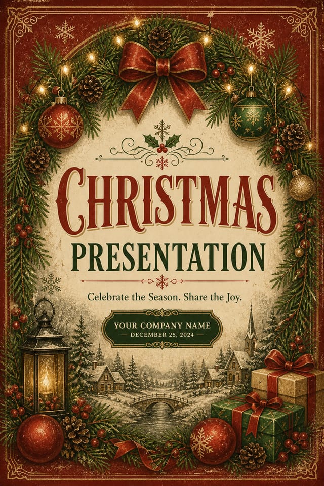 Christmas Presentation — vintage style presentation cover slide, featuring pine wreaths, ornaments, red and green palette, snowflakes, festive lights