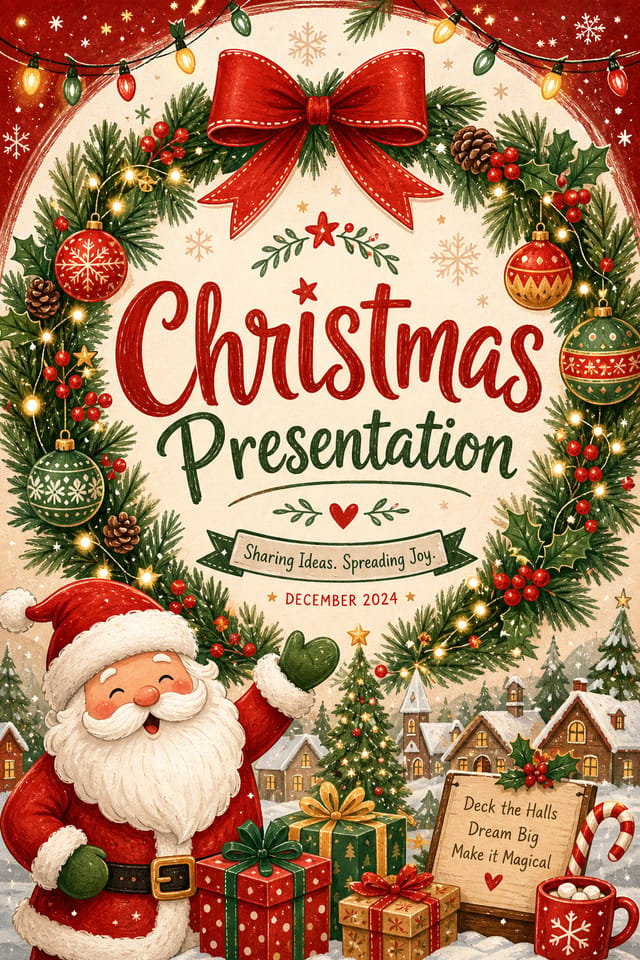 Christmas Presentation — illustration style presentation cover slide, featuring pine wreaths, ornaments, red and green palette, snowflakes, festive lights