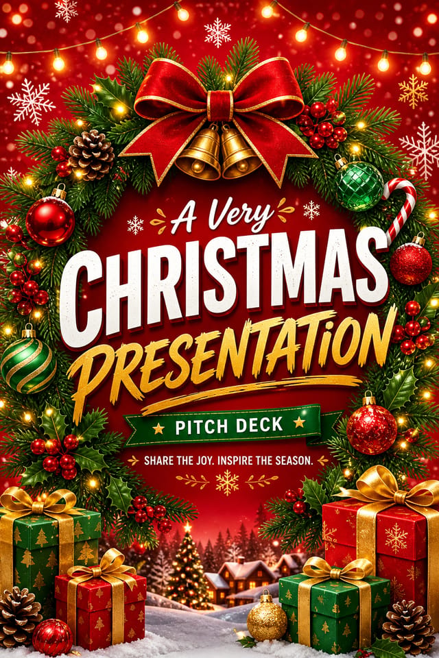 Christmas Presentation — vibrant style presentation cover slide, featuring pine wreaths, ornaments, red and green palette, snowflakes, festive lights
