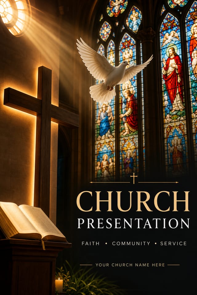 Church Presentation — photo-realistic style presentation cover slide, featuring cross, stained glass, dove, warm divine palette