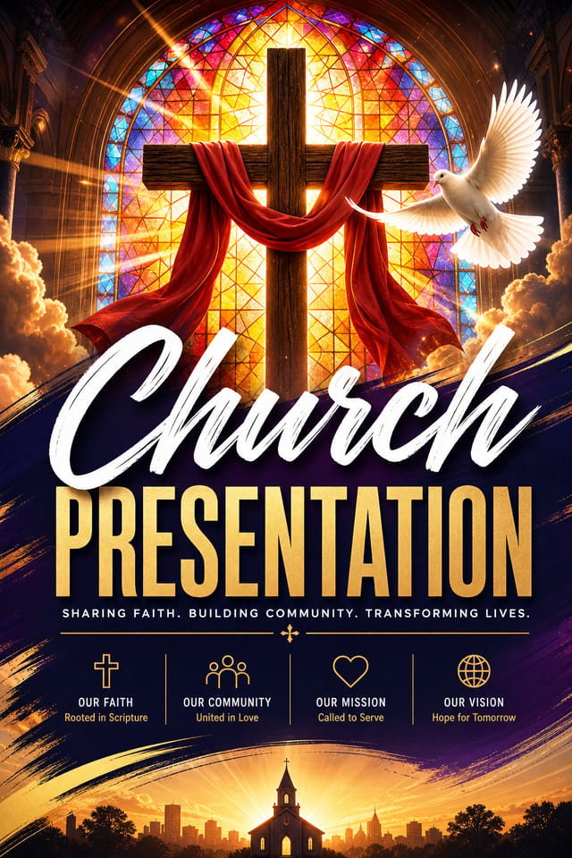 Church Presentation — vibrant style presentation cover slide, featuring cross, stained glass, dove, warm divine palette