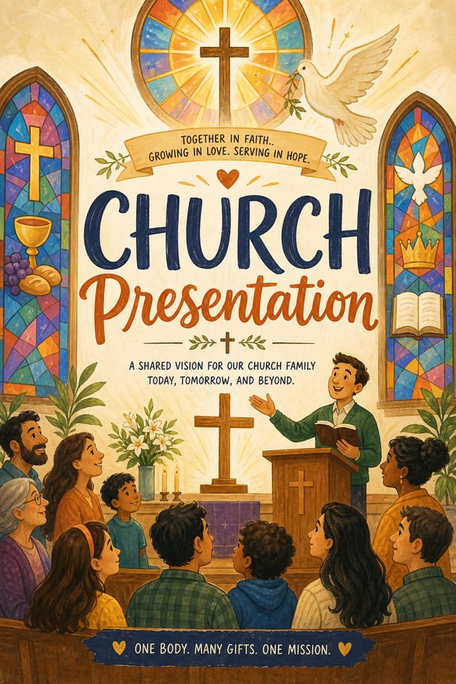 Church Presentation — illustration style presentation cover slide, featuring cross, stained glass, dove, warm divine palette