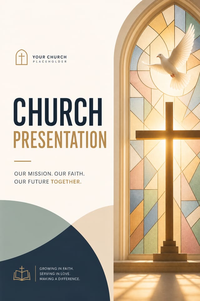 Church Presentation — modern style presentation cover slide, featuring cross, stained glass, dove, warm divine palette