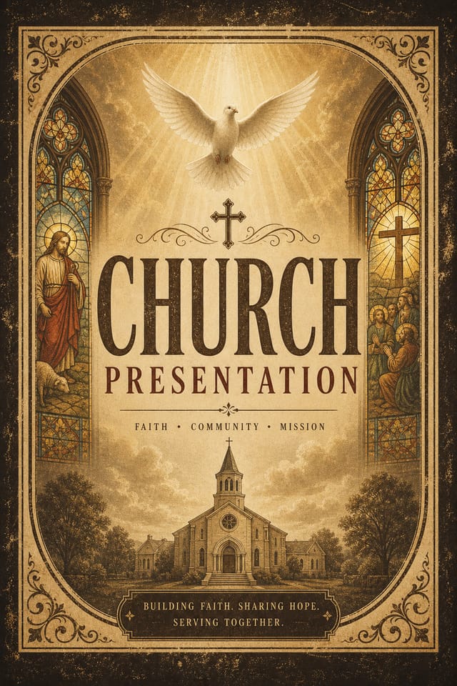 Church Presentation — vintage style presentation cover slide, featuring cross, stained glass, dove, warm divine palette