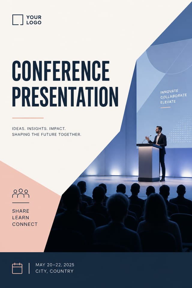 Conference Presentation — modern style presentation cover slide, featuring audience silhouettes, podium, professional event imagery