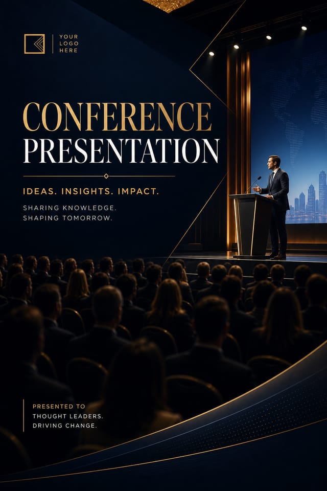 Conference Presentation — elegant style presentation cover slide, featuring audience silhouettes, podium, professional event imagery