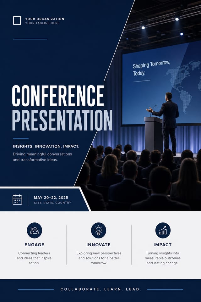 Conference Presentation — corporate style presentation cover slide, featuring audience silhouettes, podium, professional event imagery