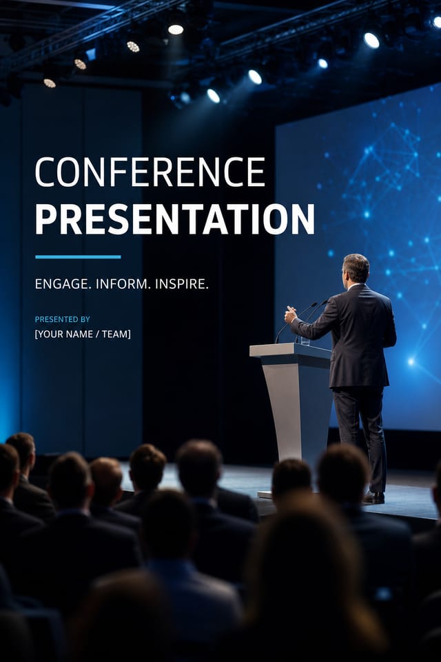 Conference Presentation — photo-realistic style presentation cover slide, featuring audience silhouettes, podium, professional event imagery