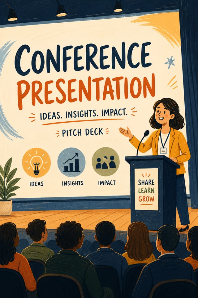 Conference Presentation — illustration style presentation cover slide, featuring audience silhouettes, podium, professional event imagery